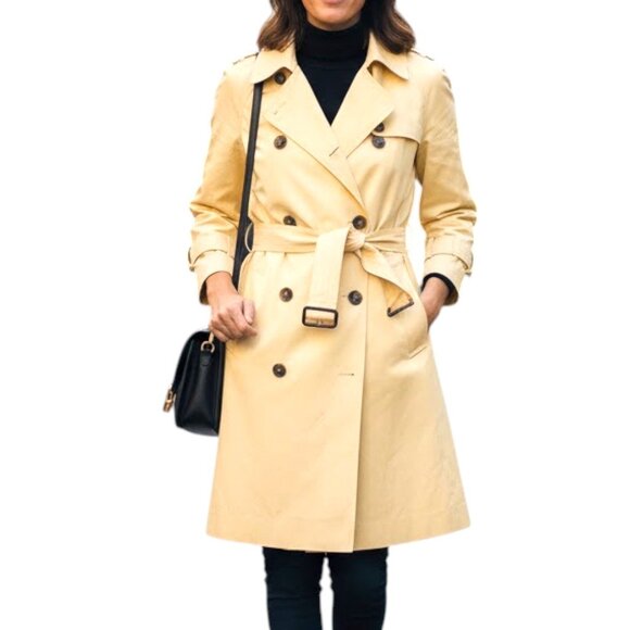 Anne Klein Yellow Double Breasted Trench Coat Women’s Size 8 Petite Belted Cuff - Picture 1 of 14